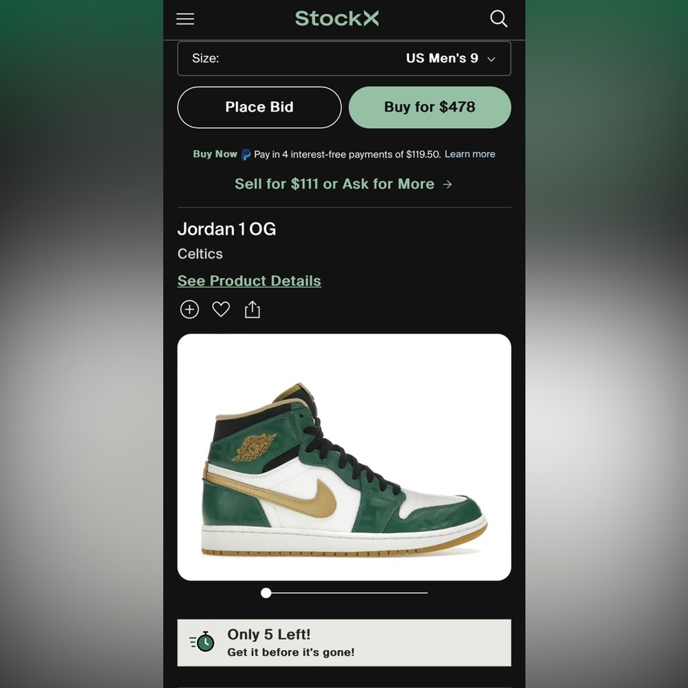 Used Pair or Jordan 1 Celtics, Men’s Size 9, No Box, Genuine